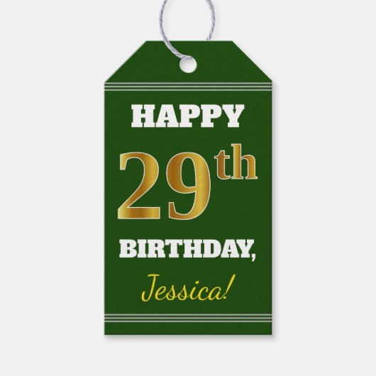緑、フェイク金ゴールド29誕生日+名前をカスタムする ギフトタグ (正面)