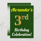 緑、フェイク金ゴールド3回目の誕生日お祝い+名前 招待状 (正面/裏面)