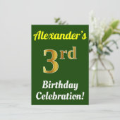 緑、フェイク金ゴールド3回目の誕生日お祝い+名前 招待状 (スタンド正面)