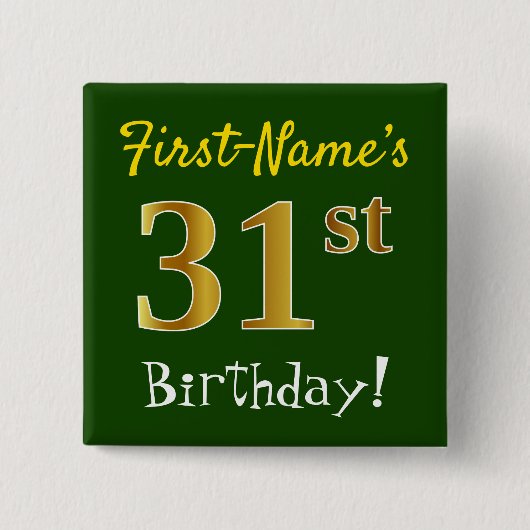 緑、フェイク金ゴールド31番目の誕生日、名前をカスタムする付き 缶バッジ (正面)