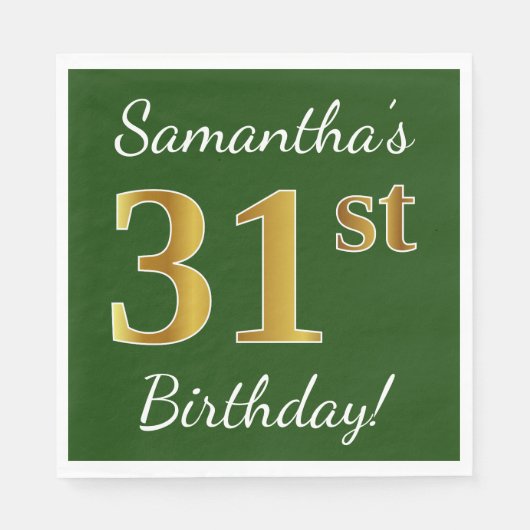 緑、フェイク金ゴールド31番目の誕生日+名前をカスタムする スタンダードランチョンナプキン (正面)