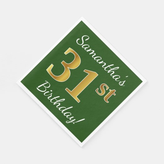 緑、フェイク金ゴールド31番目の誕生日+名前をカスタムする スタンダードランチョンナプキン (角)