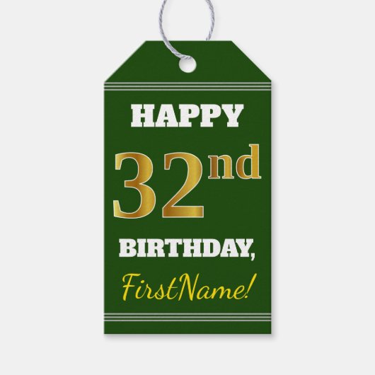 緑、フェイク金ゴールド32番目の誕生日+名前をカスタムする ギフトタグ (正面)