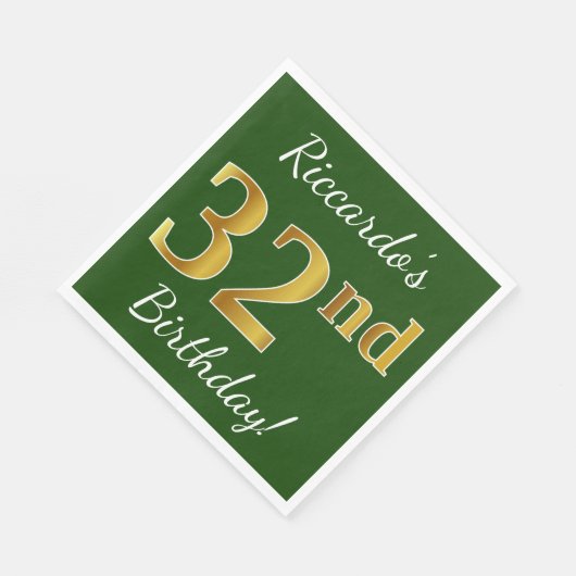 緑、フェイク金ゴールド32番目の誕生日+名前をカスタムする スタンダードランチョンナプキン (角)
