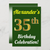 緑、フェイク金ゴールド35番目の誕生祝い+名前 招待状 (正面/裏面)
