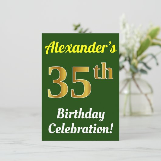 緑、フェイク金ゴールド35番目の誕生祝い+名前 招待状 (スタンド正面)