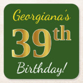 緑、フェイク金ゴールド39誕生日+名前をカスタムする スクエアペーパーコースター (正面)