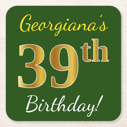 緑、フェイク金ゴールド39誕生日+名前をカスタムする スクエアペーパーコースター (正面)