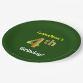 緑、フェイク金ゴールド4歳の誕生日+名前をカスタムする ペーパープレート (アングル)