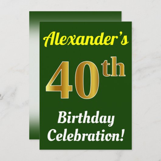 緑、フェイク金ゴールド40th誕生日お祝い+名前 招待状 (正面/裏面)