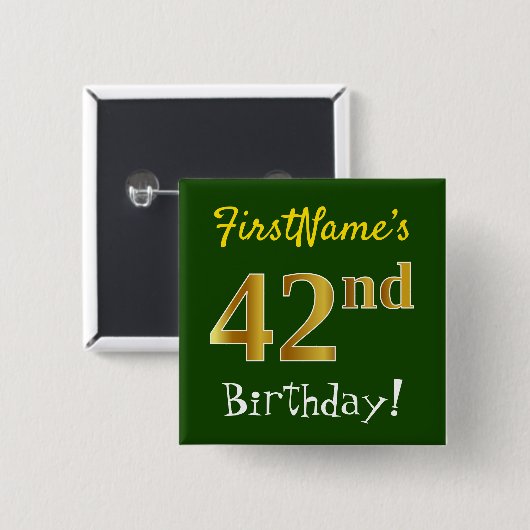緑、フェイク金ゴールド42番目の誕生日、名前をカスタムする付き 缶バッジ (正面&裏面)
