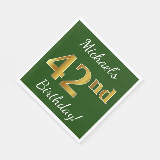 緑、フェイク金ゴールド42番目の誕生日+名前をカスタムする スタンダードランチョンナプキン (角)