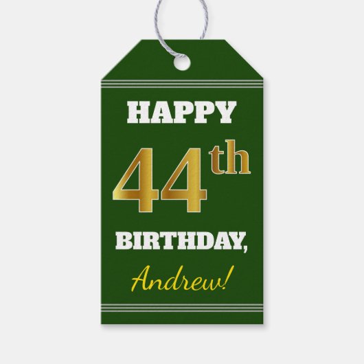 緑、フェイク金ゴールド44番目の誕生日+名前をカスタムする ギフトタグ (正面)
