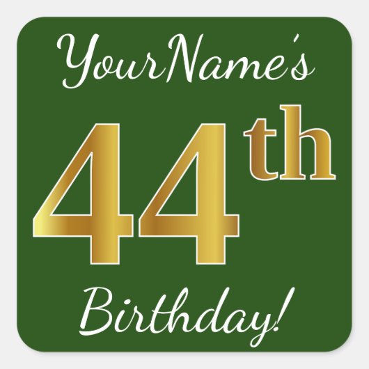 緑、フェイク金ゴールド44番目の誕生日+名前をカスタムする スクエアシール (正面)
