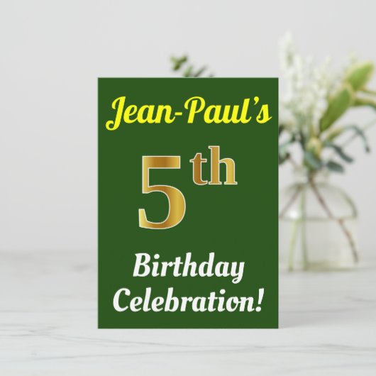 緑、フェイク金ゴールド5番目の誕生祝い+名前 招待状 (スタンド正面)