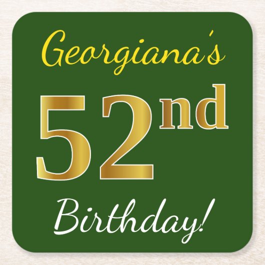 緑、フェイク金ゴールド52番目の誕生日+名前をカスタムする スクエアペーパーコースター (正面)
