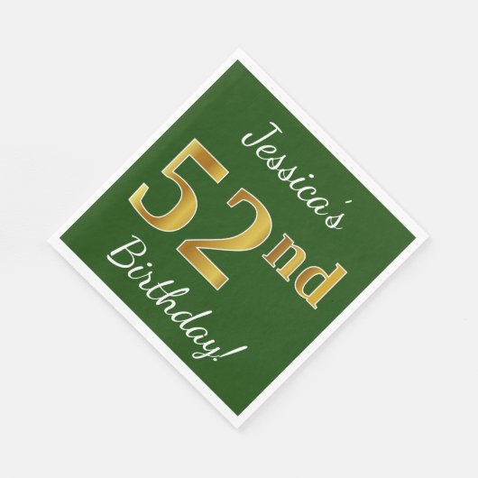 緑、フェイク金ゴールド52番目の誕生日+名前をカスタムする スタンダードランチョンナプキン (角)