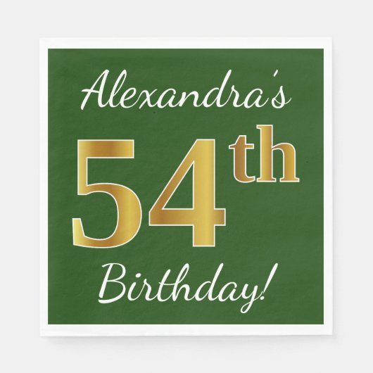 緑、フェイク金ゴールド54番目の誕生日+名前をカスタムする スタンダードランチョンナプキン (正面)