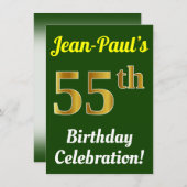 緑、フェイク金ゴールド55番目の誕生祝い+名前 招待状 (正面/裏面)