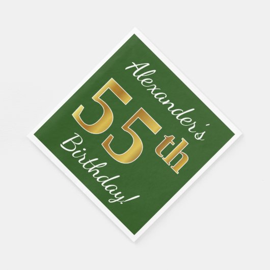 緑、フェイク金ゴールド55誕生日+名前をカスタムする スタンダードランチョンナプキン (角)