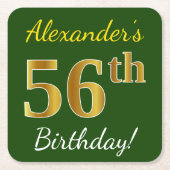 緑、フェイク金ゴールド56番目の誕生日+名前をカスタムする スクエアペーパーコースター (正面)