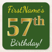 緑、フェイク金ゴールド57番目の誕生日+名前をカスタムする スクエアペーパーコースター (正面)