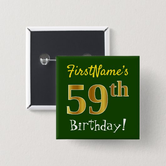 緑、フェイク金ゴールド59番目の誕生日、名前をカスタムする付き 缶バッジ (正面&裏面)