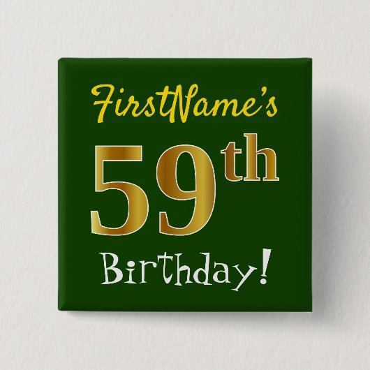 緑、フェイク金ゴールド59番目の誕生日、名前をカスタムする付き 缶バッジ (正面)