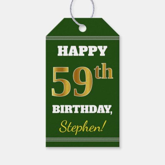 緑、フェイク金ゴールド59誕生日+名前をカスタムする ギフトタグ (正面)