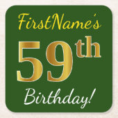緑、フェイク金ゴールド59誕生日+名前をカスタムする スクエアペーパーコースター (正面)