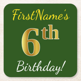 緑、フェイク金ゴールド6番目の誕生日+名前をカスタムする スクエアペーパーコースター