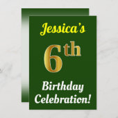 緑、フェイク金ゴールド6番目の誕生祝い+名前 招待状 (正面/裏面)