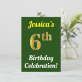 緑、フェイク金ゴールド6番目の誕生祝い+名前 招待状 (スタンド正面)