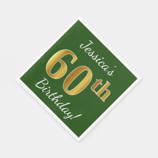緑、フェイク金ゴールド60番目の誕生日+名前をカスタムする スタンダードランチョンナプキン (角)