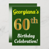 緑、フェイク金ゴールド60番目の誕生祝い+名前 招待状 (正面/裏面)