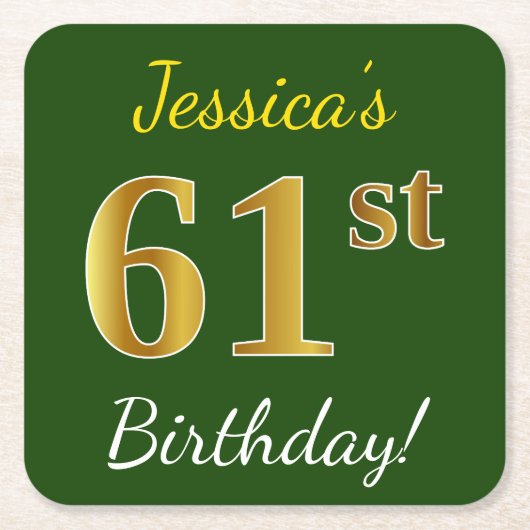 緑、フェイク金ゴールド61番目の誕生日+名前をカスタムする スクエアペーパーコースター (正面)