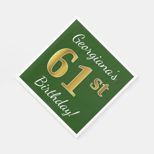 緑、フェイク金ゴールド61番目の誕生日+名前をカスタムする スタンダードランチョンナプキン (角)