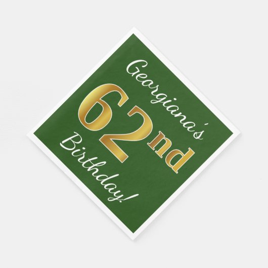 緑、フェイク金ゴールド62番目の誕生日+名前をカスタムする スタンダードランチョンナプキン (角)