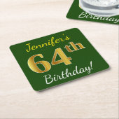 緑、フェイク金ゴールド64番目の誕生日+名前をカスタムする スクエアペーパーコースター (アングル)
