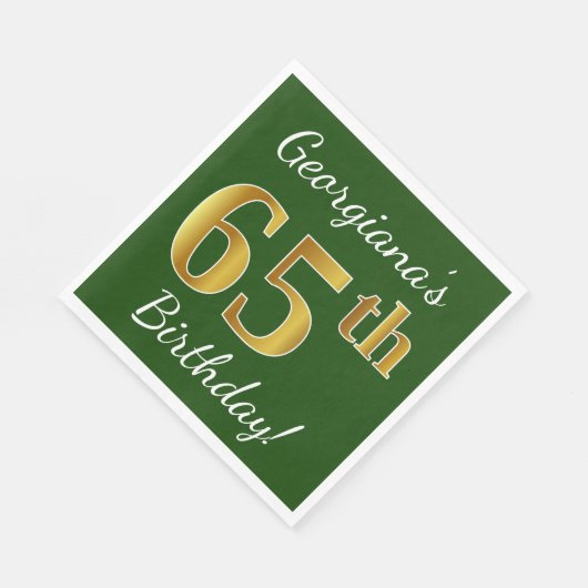 緑、フェイク金ゴールド65番目の誕生日+名前をカスタムする スタンダードランチョンナプキン (角)