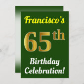 緑、フェイク金ゴールド65番目の誕生祝い+名前 招待状 (正面/裏面)