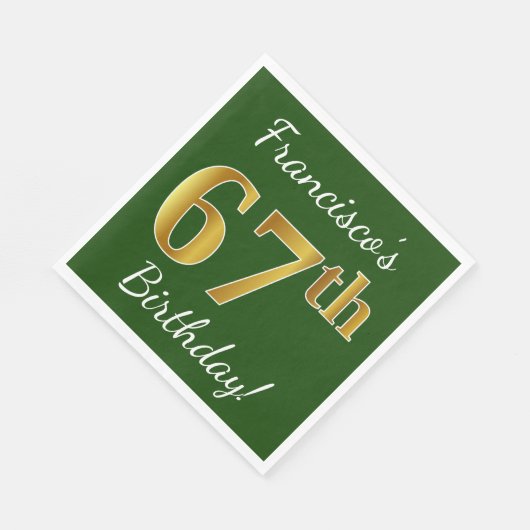 緑、フェイク金ゴールド67番目の誕生日+名前をカスタムする スタンダードランチョンナプキン (角)