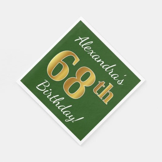 緑、フェイク金ゴールド68番目の誕生日+名前をカスタムする スタンダードランチョンナプキン (角)