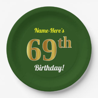 緑、フェイク金ゴールド69番目の誕生日+名前をカスタムする ペーパープレート