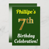 緑、フェイク金ゴールド7番目の誕生祝い+名前 招待状 (正面/裏面)