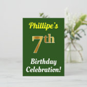 緑、フェイク金ゴールド7番目の誕生祝い+名前 招待状 (スタンド正面)