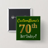 緑、フェイク金ゴールド70番目の誕生日、名前をカスタムする付き 缶バッジ (正面&裏面)