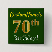 緑、フェイク金ゴールド70番目の誕生日、名前をカスタムする付き 缶バッジ (正面)
