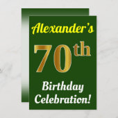 緑、フェイク金ゴールド70番目の誕生祝い+名前 招待状 (正面/裏面)