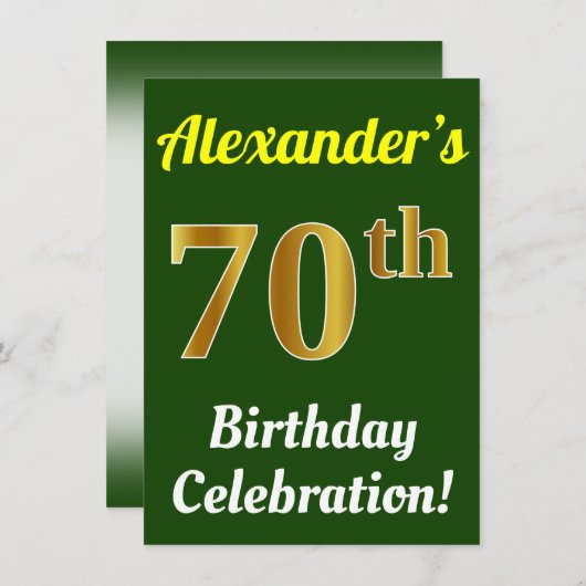 緑、フェイク金ゴールド70番目の誕生祝い+名前 招待状 (正面/裏面)